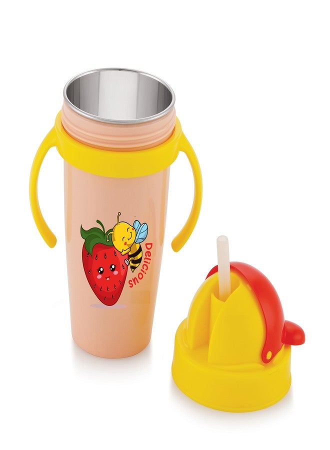 Nabhya Hot & Cold Insulated Stainless Steel 360ml BPA-Free Cute Animal Design Baby Sipper Kids Water Bottle with Straw and Side Handle for Kids (Pink) - Image 1